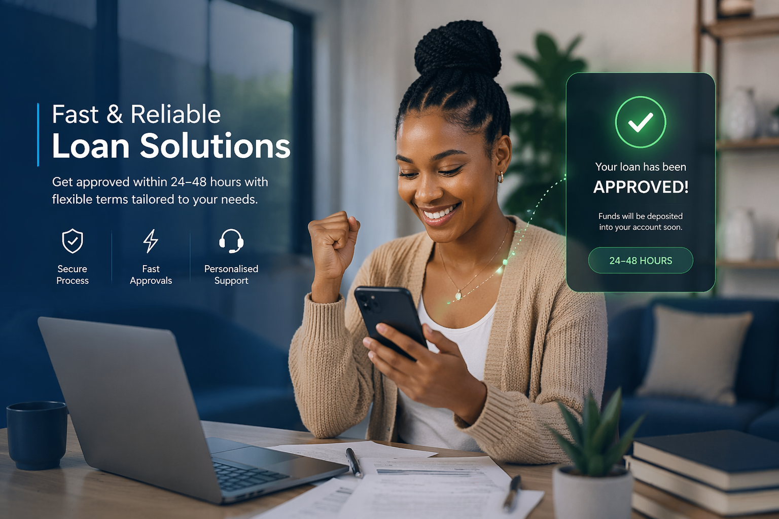 Happy customer celebrating loan approval on her phone